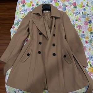 DKNY camel colored coat with leather tie
